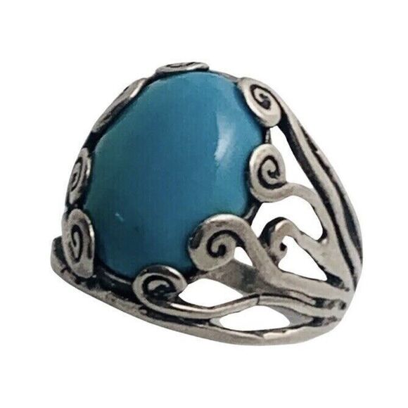 Blue Turquoise 925 Sterling Silver Ring Size 10 Firoza Israel Cabochon - Picture 15 of 16